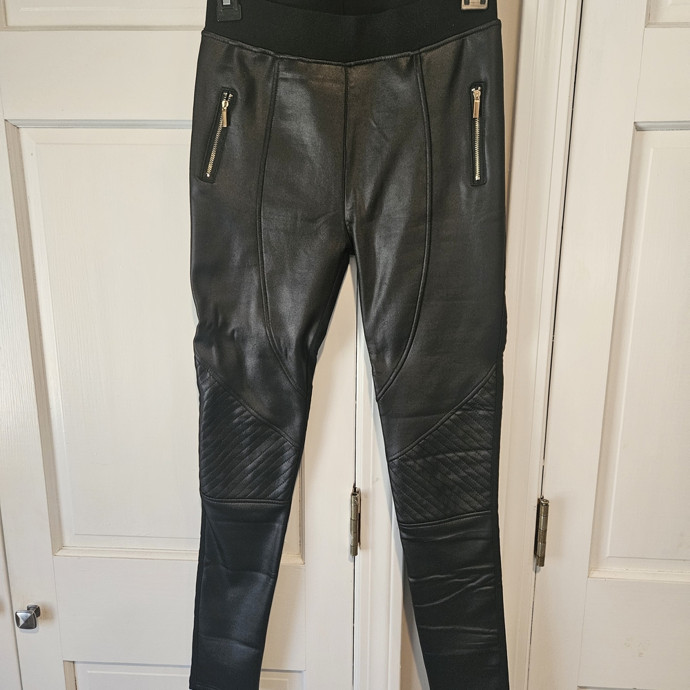 Black Faux Leather Moto Leggings with Quilted Knee Panels